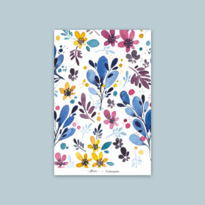 Carte Aquarelle - Fleurs en couleur bleu, rose et jaune