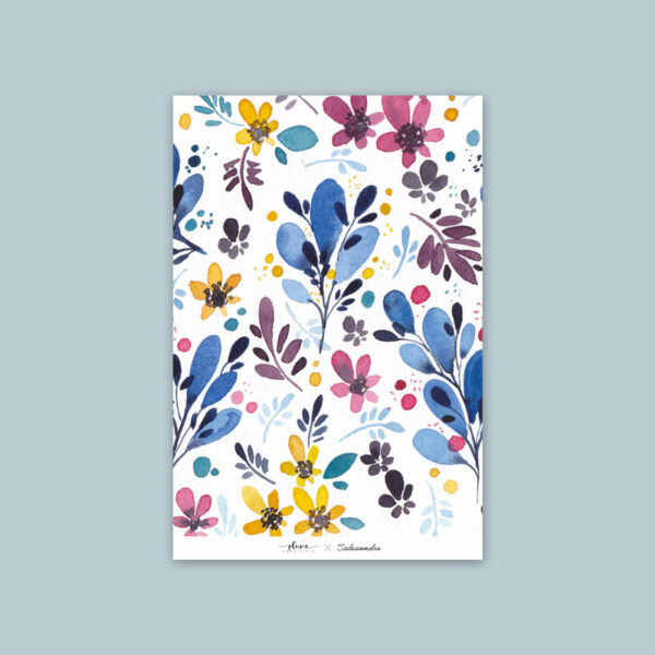 Carte Aquarelle - Fleurs en couleur bleu, rose et jaune