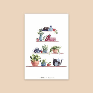 Carte Aquarelle - Etagères Chat, fruits, plantes et livres