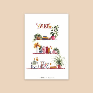 Carte Aquarelle - Etagères Art, plantes et livres