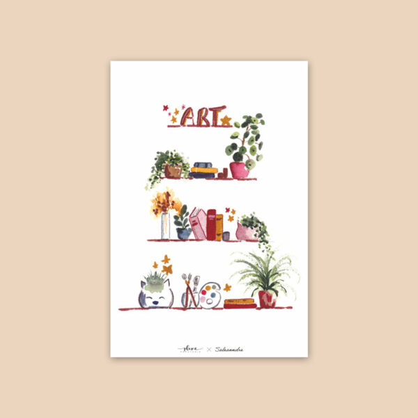 Carte Aquarelle - Etagères Art, plantes et livres